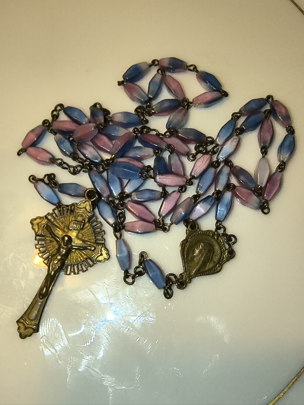 Rare Antique Vintage Saphiret Glass Venetian Beads Rosary Gold Filled Crucifix